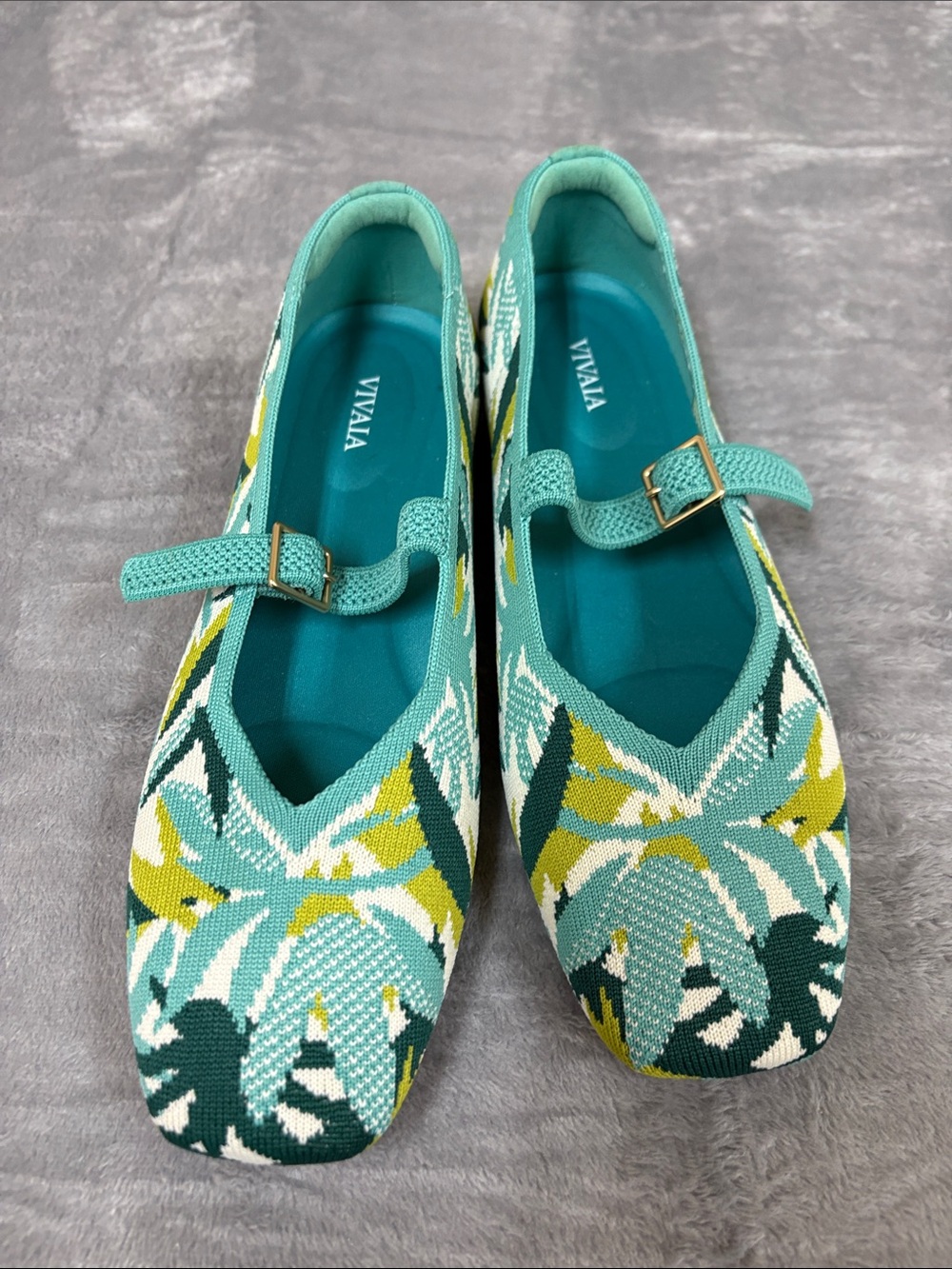 VIVAIA Teal Floral Knit Mary Jane Flats